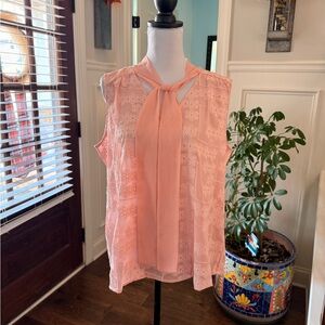 Tommy Hilfiger NWOT Pink Sheer Lace Sleeveless Blouse with Flower Detail & Tie